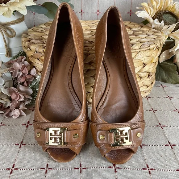 Tory Burch “Cline” Peep Toe Brown Pebble Leather Flats Women's Size 5 M PreLoved - Picture 2 of 5